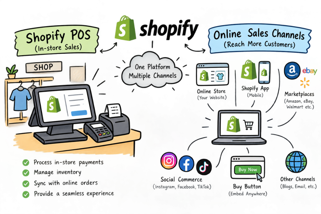 Diagram illustrating Shopify as a centralized platform connecting Shopify POS and multi-channel online sales like mobile apps and social commerce.