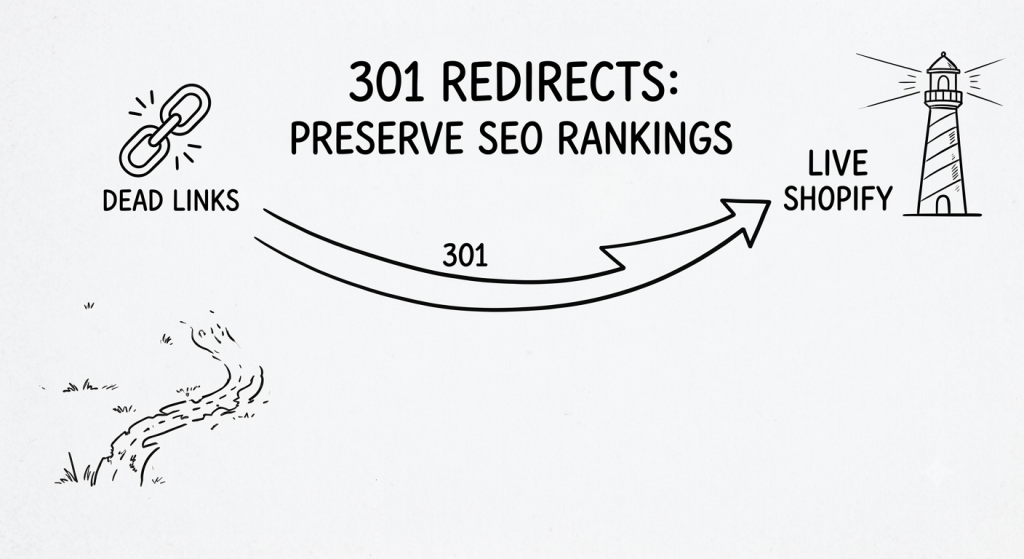 Diagram showing how 301 redirects route dead links to your live Shopify store to preserve SEO rankings during a platform migration.