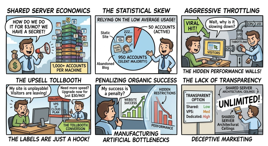 6-panel comic explaining shared server economics, statistical skew, CPU throttling during viral traffic, forced upsells, and deceptive unlimited marketing.