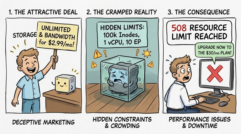 3-panel comic showing a user buying $2.99 unlimited hosting, a cramped server box with hidden limits, and a 508 Resource Limit Reached error screen.
