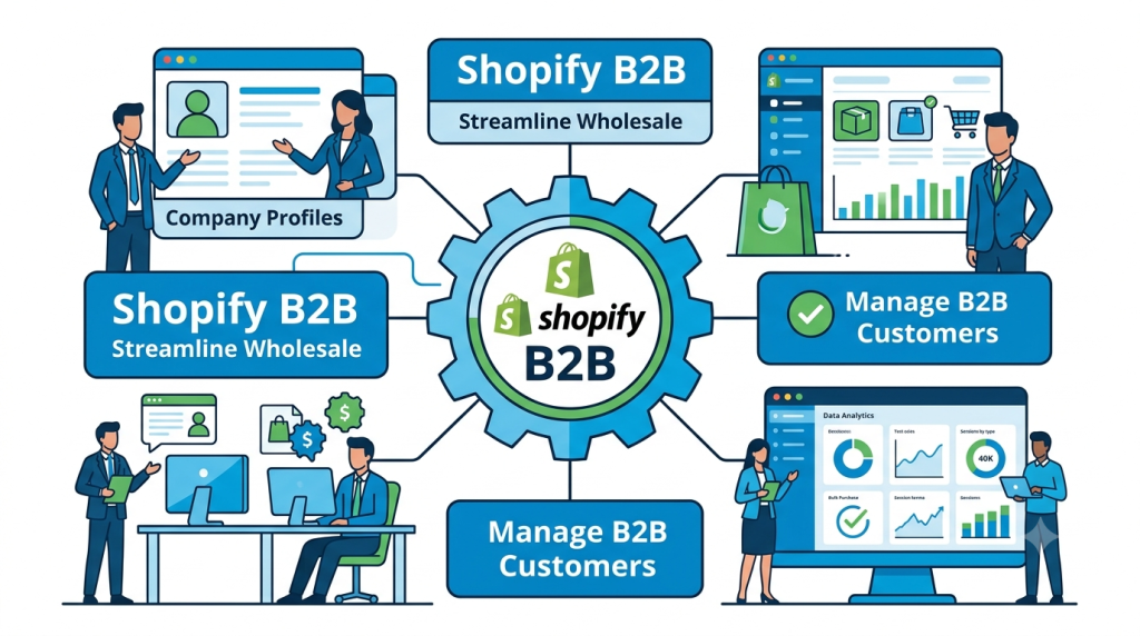 Illustrated diagram showing Shopify B2B features for streamlining wholesale and managing business customer accounts.