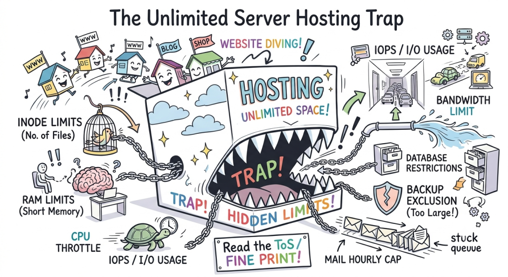 Conceptual drawing of a monster-mouthed box labeled Unlimited Hosting Trap chained to fine print limits like Inodes, RAM caps, IOPS, and CPU throttle.