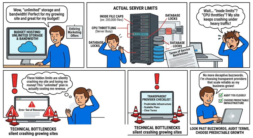 Comic strip showing a website owner discovering hidden server limits, CPU throttles, and technical bottlenecks after buying budget unlimited hosting.
