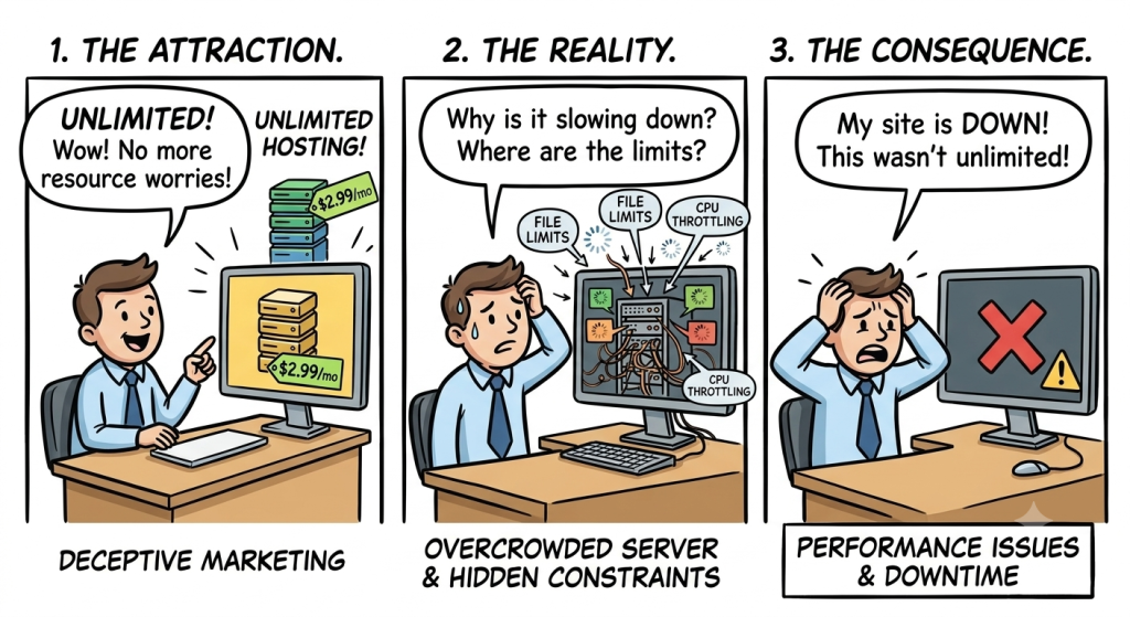 3-panel comic depicting a site owner buying $2.99 unlimited hosting, discovering file limits and CPU throttling, and facing total site downtime.