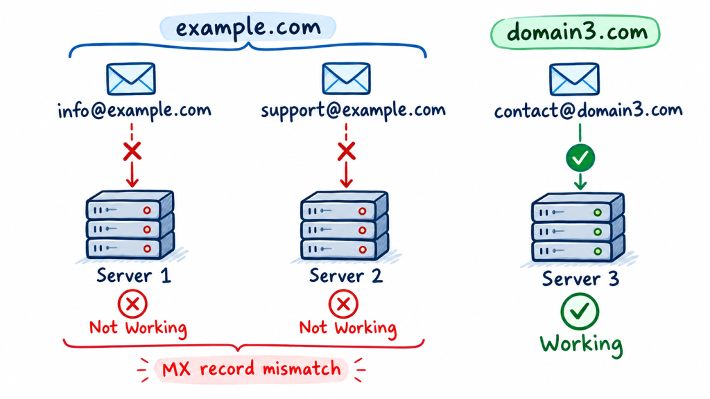 Technical diagram showing how splitting email accounts under one domain across two servers causes MX record mismatch errors, while using one provider per domain works correctly.