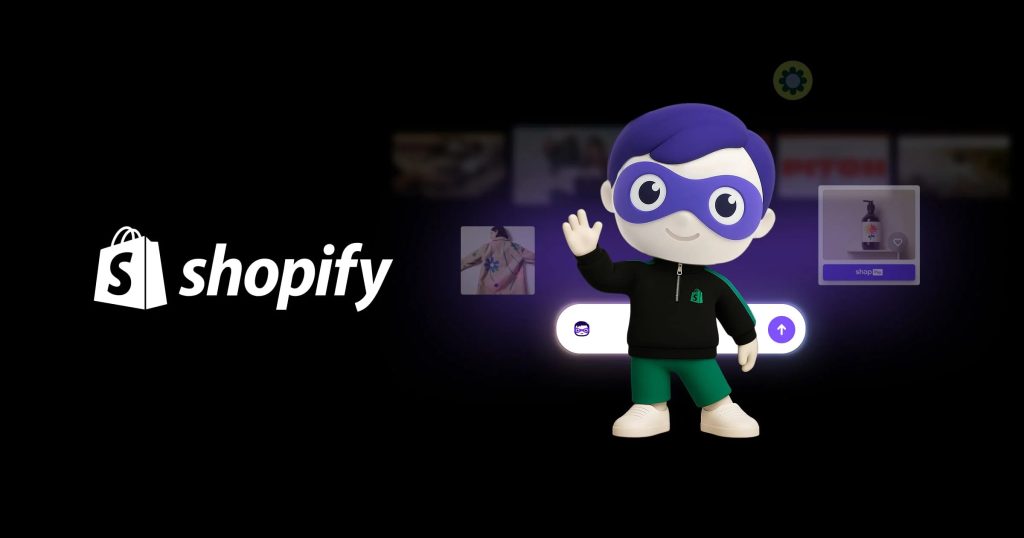 Promotional brand artwork featuring the Shopify Sidekick AI character waving beside the Shopify logo.