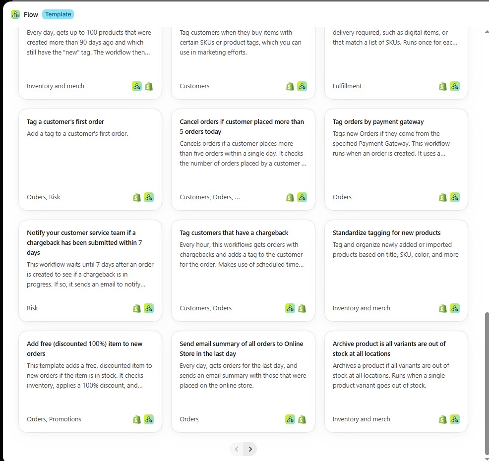 Screenshot of the Shopify Flow dashboard showing pre-built automation and workflow template cards.