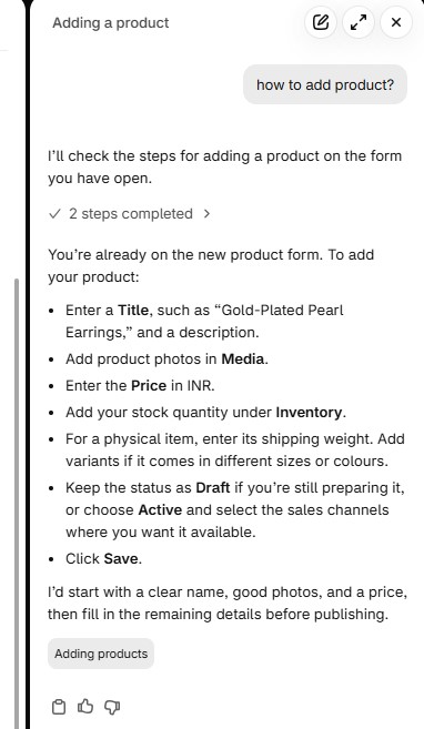 Screenshot of Shopify Sidekick AI chat assistant providing step-by-step instructions for adding a product.