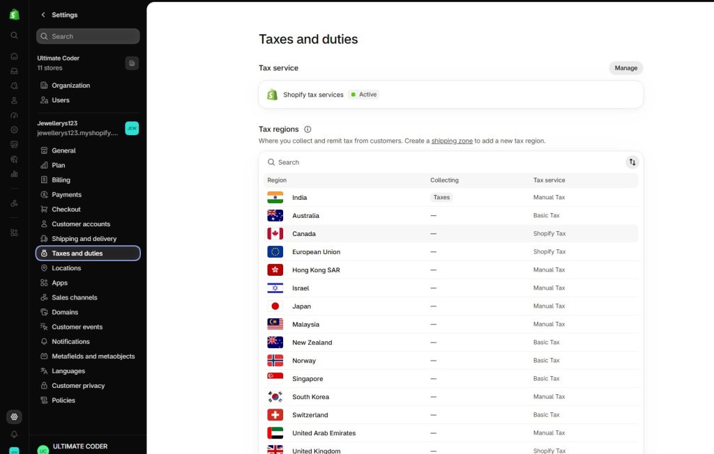 Screenshot of Shopify admin settings displaying the taxes and duties panel with global region tax configurations.